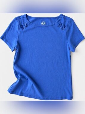 W62 Blue Short Sleeve Cotton Tee w/Shoulder Detail Womens Sz S Nautical Basics